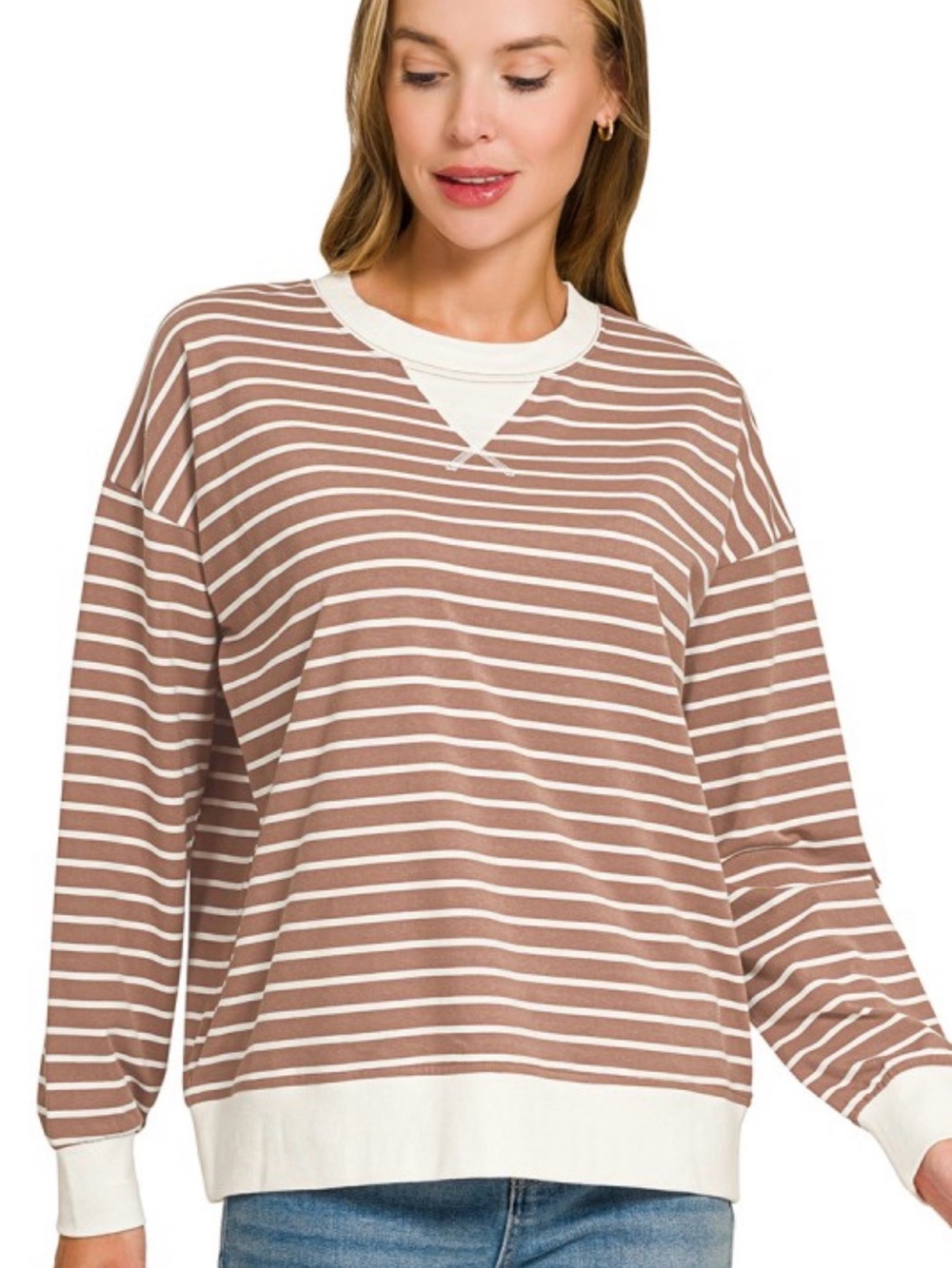 Zenana Striped Crewneck Sweatshirt - mocha & cream